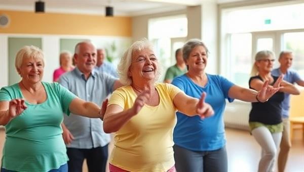 A group of active seniors participating in a fitness class together, laughing and exercising in a bright and welcoming club environment, showcasing inclusivity, vitality, and community spirit.