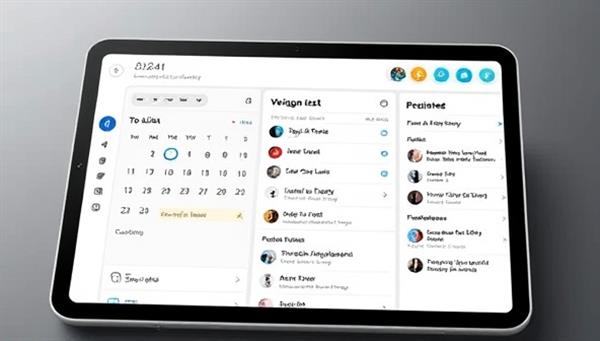 An elegant virtual assistant interface displayed on a sleek tablet, showing a calendar, to-do list, and personalized recommendations, symbolizing efficiency and modern technology.