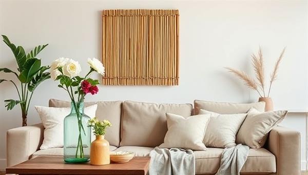 A cozy living room setting featuring sustainable home decor items like a bamboo wall art piece, a recycled glass vase with fresh flowers, and organic cotton throw pillows on a stylish sofa, creating a harmonious and eco-conscious living space.