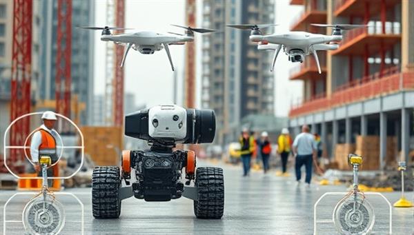 An autonomous construction robot navigating a busy construction site, transporting materials and assisting workers, with drones flying overhead for site monitoring, illustrating the seamless coordination and efficiency of robotics automation in construction operations.