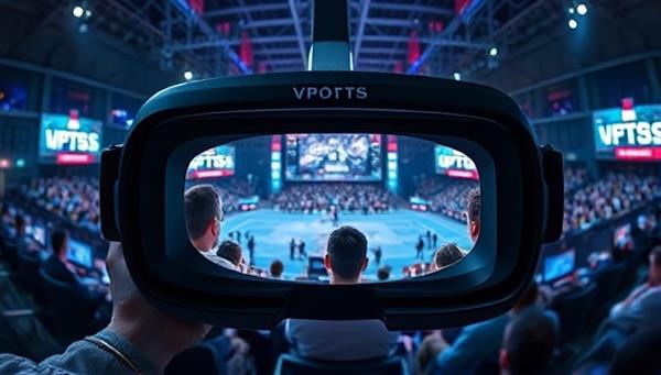 An immersive VR headset showcasing a virtual esports arena with digital avatars of players competing in a high-stakes tournament, surrounded by a live audience, commentators, and interactive features, capturing the excitement and energy of the esports broadcasting network.