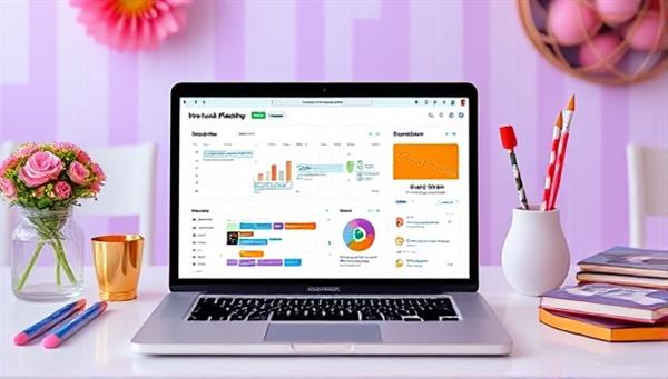A digital workspace featuring a laptop displaying a virtual event planning toolkit dashboard with drag-and-drop elements, event calendar, and engagement metrics, surrounded by event decor and planning essentials, highlighting the convenience and efficiency of virtual event organization.