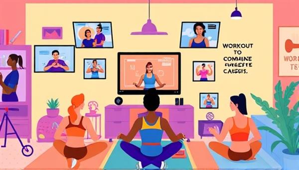 A vibrant digital illustration of a diverse group of people working out at home, connected through screens showing different workout classes, with motivational quotes and fitness trackers in the background, conveying a sense of community and progress.