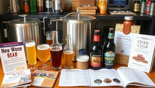 An enticing brewing setup with a variety of brewing ingredients, equipment, and bottles of craft beer, surrounded by brewing guides and tasting notes, illustrating the art of home brewing and craft beer creation.