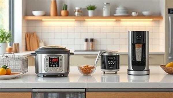 An inviting kitchen setting with a sleek countertop filled with smart kitchen gadgets in action, such as a smart cooker, digital scale, and automated spice dispenser, conveying a modern and efficient cooking experience.