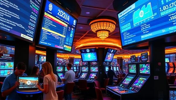A modern casino setting with digital screens displaying blockchain transactions and smart contract data, alongside patrons engaging in crypto gambling activities with tablets and smartphones, illustrating the cutting-edge and transparent nature of CryptoBet Transparency.