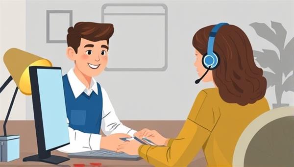 An illustration of a friendly and knowledgeable TechGenius Assist technician assisting a customer with setting up a new device remotely, conveying the personalized and expert tech support service provided by the subscription.