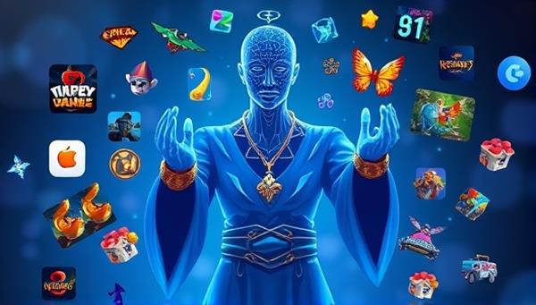 An artistic representation of a digital genie character (AI) surrounded by floating game icons and personalized game recommendations, visually illustrating the magical and tailored experience of using the GameGenie AI platform.