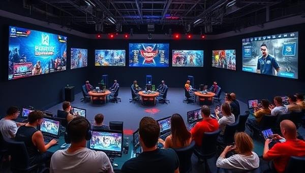 A virtual gaming arena with multiple screens displaying live tournaments, gamer workshops, and interactive skill-building sessions, surrounded by a diverse group of gamers engaging in competitive gameplay, learning sessions, and community interactions, showcasing the dynamic and immersive gaming experience of GamerForge Arena.