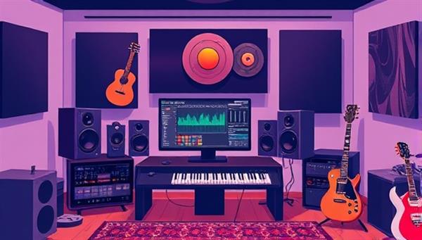An illustration of a home studio setup with a computer displaying music production software, MIDI controllers, studio monitors, and musical instruments, surrounded by soundproofing panels, vintage vinyl records, and creative mood lighting, capturing the essence of virtual music production classes and creative musical environments.