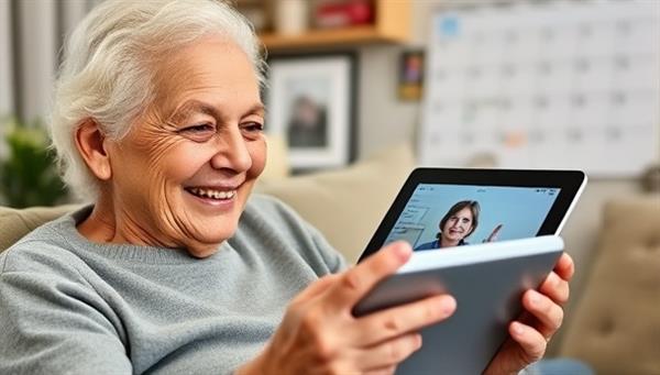 An elderly individual smiling while video chatting with a caregiver on a tablet, surrounded by photos of loved ones and a calendar with care appointments, illustrating the concept of digital elder care coordination provided by SilverLink Online Care.