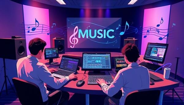 An artistic and musical digital illustration of a virtual music production class in session, featuring students interacting with music software interfaces and mixing boards, surrounded by musical notes and sound waves, evoking creativity, passion, and innovation in music production education, inspiring aspiring producers and artists to unleash their musical talents.