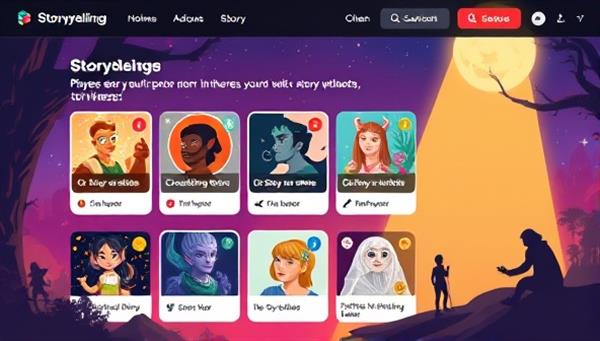 An interactive storytelling platform interface showing a variety of user-created stories, immersive narrative options, dynamic story branches, and collaborative storytelling tools, inviting players to explore and create their adventures in a vibrant and engaging story universe, capturing the essence of creativity and imagination in the interactive storytelling world.