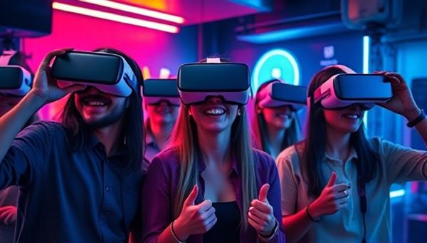 An image of a group of friends wearing VR headsets, immersed in a virtual escape room scenario, with futuristic and mysterious elements surrounding them, capturing the excitement and challenge of the experience.