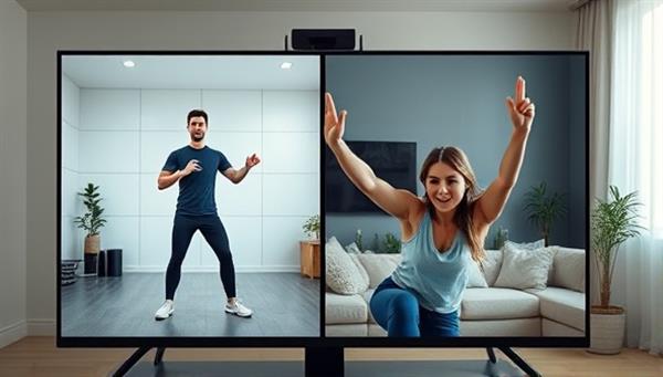 A digital screen split in half, showing a virtual fitness trainer leading a workout session on one side and a user following along with enthusiasm in their living room on the other side, conveying motivation and engagement.