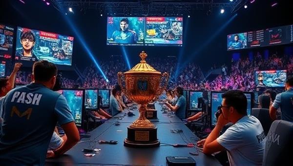 An intense gaming tournament scene with multiple players competing on-screen, spectators cheering in the background, and a trophy symbolizing victory, capturing the competitive and exciting atmosphere of esports competitions.