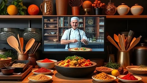 An enticing virtual cooking setup with a chef demonstrating a recipe on screen, surrounded by colorful spices, fresh ingredients, and culinary tools, evoking a vibrant and immersive cooking experience that transports participants to different culinary traditions.