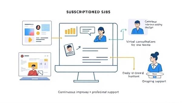 An illustration of a subscription-based design platform with interactive design tools, virtual consultations, and ongoing support features, symbolizing the continuous improvement and professional guidance offered through the WareDesign Subs service.