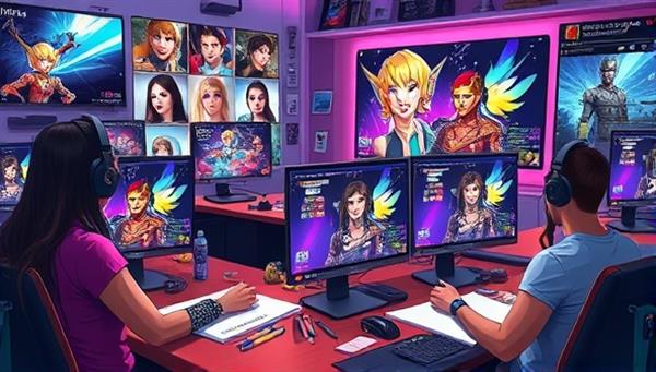 An artistic representation of a virtual gaming cosplay studio with digital artists creating custom avatar designs on computer screens, surrounded by colorful concept art, stylus pens, and gaming-inspired artwork, illustrating the creativity and customization options available at Avatar Artistry Studio.