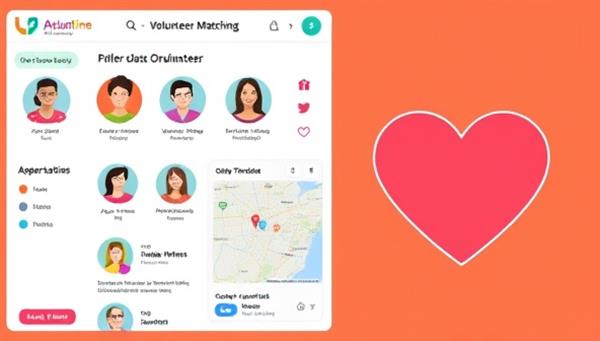 A digital interface showcasing a user-friendly volunteer matching platform with colorful profiles of volunteers and organizations, interactive maps displaying available opportunities, and a heart symbolizing the spirit of volunteering, fostering a sense of connection and community impact.