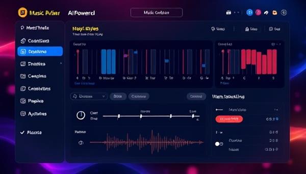 An artistic visualization of an AI-powered music composer interface displaying various music styles, mood settings, and instrument options, generating a personalized music track in real-time, highlighting the platform