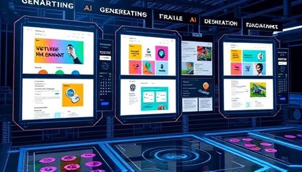 A futuristic interface displaying various website design options being analyzed and generated by AI algorithms, with colorful graphics and modern elements, conveying innovation and creativity.