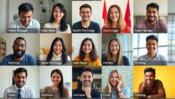 A diverse group of individuals from different cultures engaging in a virtual language exchange session, each sharing phrases and practicing pronunciation in a collaborative and supportive environment, promoting cultural exchange and language mastery.