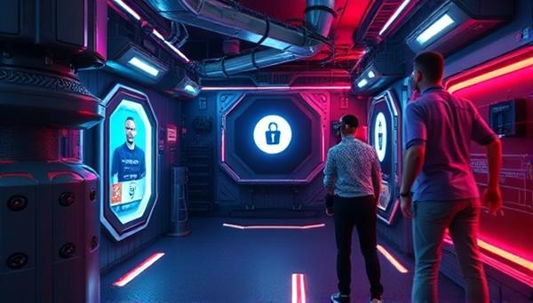 An immersive VR escape room setting with futuristic elements, hidden clues, and virtual locks to be solved by players wearing VR headsets and interacting with the virtual environment, creating a sense of mystery and adventure.