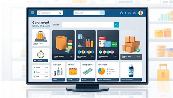 An online marketplace interface displaying a variety of products and services available for government procurement, with a user-friendly design showcasing efficiency and transparency in transactions.