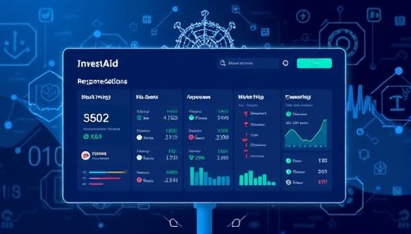 An illustration of the InvestAId platform interface displaying personalized investment recommendations, risk assessments, and market insights, with AI algorithms analyzing data in the background, symbolizing advanced technology and intelligent investing solutions.