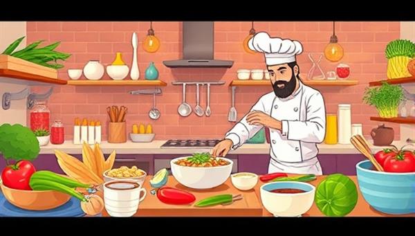 A colorful and appetizing digital illustration of a virtual cooking class setup with fresh ingredients, cooking utensils, and a chef guiding participants through a culinary masterpiece, exuding the joy and creativity of cooking experiences on CookCraft Online.