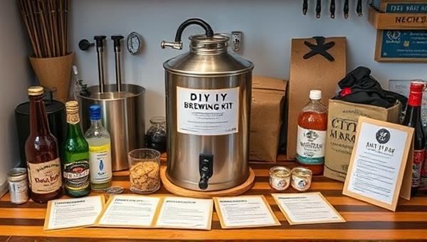 A home brewery setup with the DIY brewing kit components neatly arranged, surrounded by brewing ingredients and recipe cards, inviting enthusiasts to embark on their brewing journey and craft their own unique beverages.