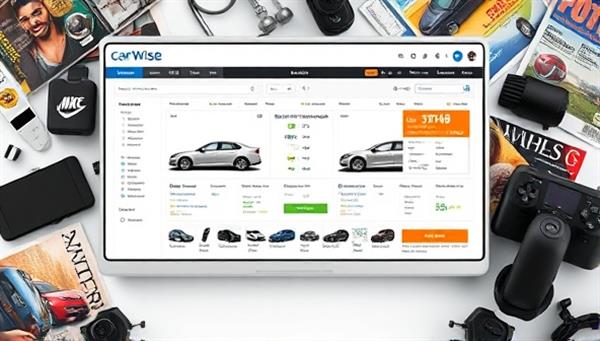 An engaging online platform displaying side-by-side car comparisons, detailed reviews, and user ratings, with interactive tools for exploring features and specifications, surrounded by automotive magazines and technology gadgets, highlighting the informative and user-friendly nature of CarWise Guide