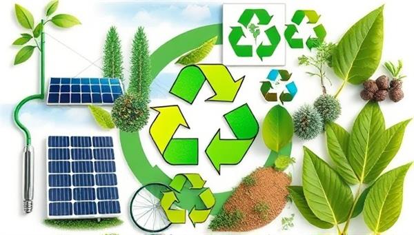 A collage of eco-friendly elements like solar panels, recycling symbols, and green leaves, representing sustainability and environmental consciousness in business practices.