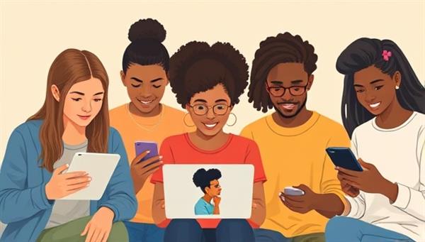 An artistic illustration of diverse young individuals using smartphones and laptops to engage in virtual discussions and civic activities, representing modern youth involvement in community issues.