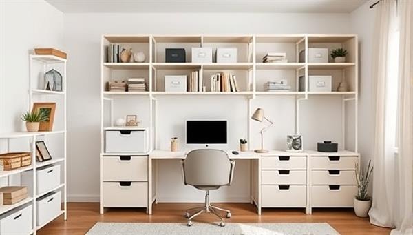 A serene home office space with neatly arranged shelves, labeled storage bins, and a minimalist desk setup, showcasing the transformative power of efficient home organization and clutter-free living.