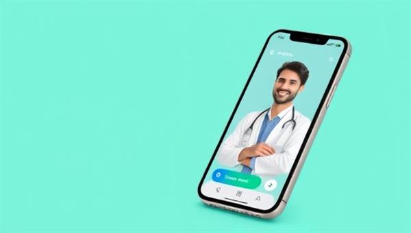 A modern smartphone displaying a telehealth app interface with a virtual doctor consultation in progress, showcasing convenience and accessibility for patients seeking medical advice from home.