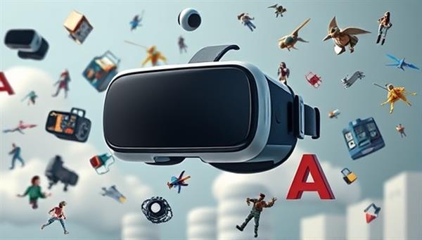 An imaginative VR headset surrounded by floating elements of different VR environments and characters, creating a surreal and immersive scene that captures the essence of VRChronicles
