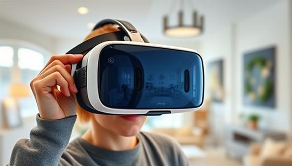 An engaging VR headset display showing a futuristic virtual property tour experience, with a potential buyer exploring a beautifully staged home environment, highlighting the innovative and immersive nature of the service.