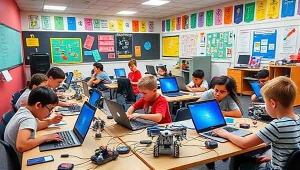 An immersive classroom setting with children enthusiastically working on laptops, robots, and creative coding projects, surrounded by colorful coding posters and interactive learning materials, capturing the essence of hands-on coding education for kids.