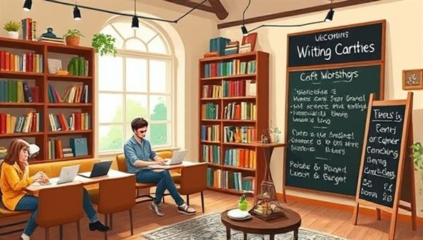 An inviting visual of a virtual café setting with cozy writing nooks, bookshelves filled with literary works, writers engrossed in their laptops crafting stories, and a chalkboard menu listing upcoming writing workshops, fostering a sense of community and creativity.