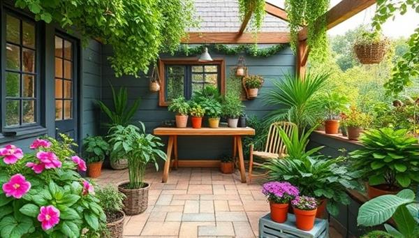 An inviting virtual garden setting with lush greenery, blooming flowers, and a variety of potted plants surrounding a cozy outdoor workspace, where gardening enthusiasts can virtually attend masterclasses and engage in plant care activities at GreenThumb Academy.