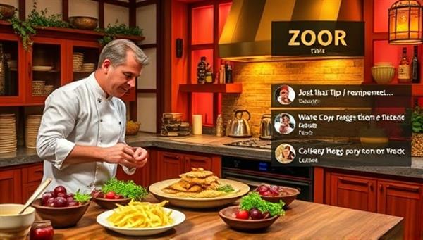 An enticing culinary scene featuring a chef preparing a gourmet dish in a vibrant kitchen set, with interactive elements like pop-up recipe tips and viewer comments, creating a dynamic and engaging cooking show experience.