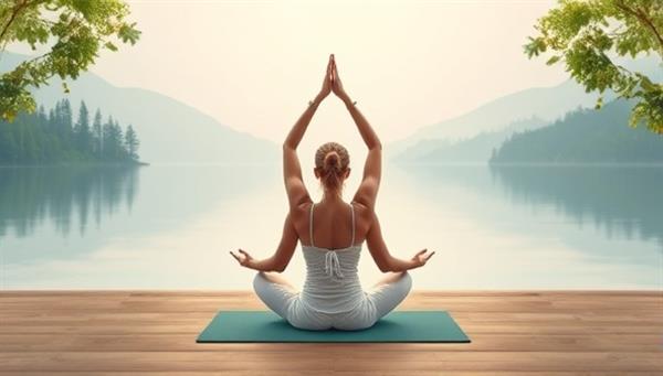 A serene virtual yoga and meditation session with an instructor leading participants through gentle poses and breathing exercises, surrounded by calming nature visuals and tranquil music, creating a peaceful and rejuvenating atmosphere.