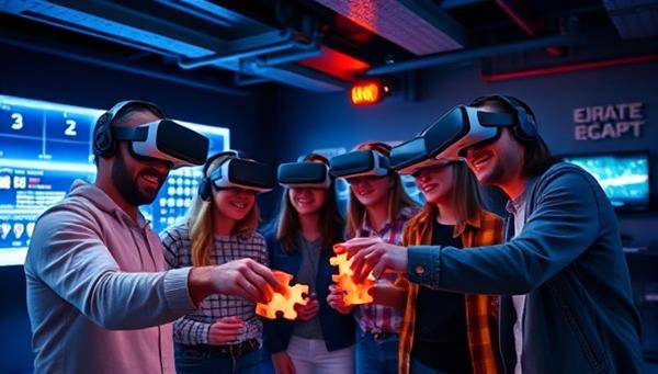 A group of friends wearing VR headsets, enthusiastically solving a virtual puzzle together in a futuristic escape room setting, surrounded by digital elements and challenges.