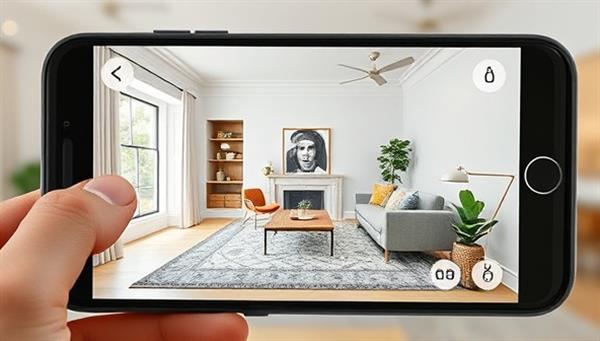 An engaging AR visualization of a living room design through a mobile device screen, showing virtual furniture placement, color changes, and decor adjustments in real-time, creating an interactive and immersive experience with ARchitect Virtual Studio for designing personalized home spaces.