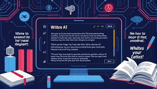 An illustration of a sleek, futuristic AI interface displaying various writing suggestions and enhancements, surrounded by creative writing elements like pens, books, and inspirational quotes, portraying a seamless blend of technology and creativity.