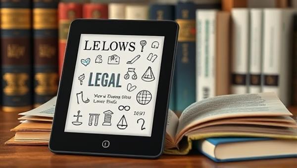 An e-reader device displaying a legal e-book cover with legal icons and symbols, surrounded by a cozy reading nook setup with legal books in the background, creating a welcoming and educational atmosphere.