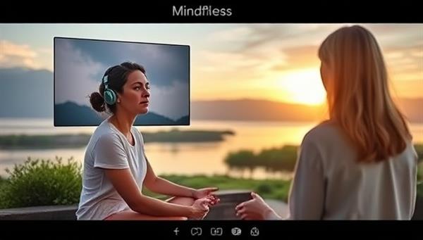 A virtual mental health coach leading a mindfulness session with a client through a video call, guiding relaxation exercises and breathing techniques, with calming nature imagery in the background, symbolizing mental wellness and inner peace.