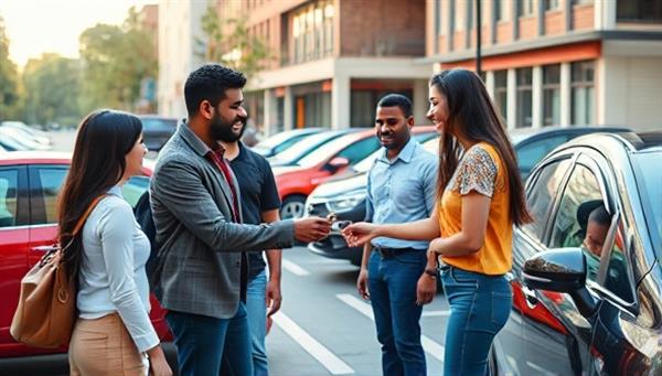 An engaging visual representation of a diverse group of individuals exchanging car keys and interacting in a vibrant urban setting, with various cars parked in the background, showcasing a collaborative and community-driven approach to car sharing, emphasizing trust, convenience, and shared mobility.